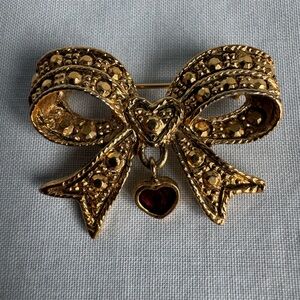 Gold Bow Brooch with Red Heart Charm - Women's Jewelry